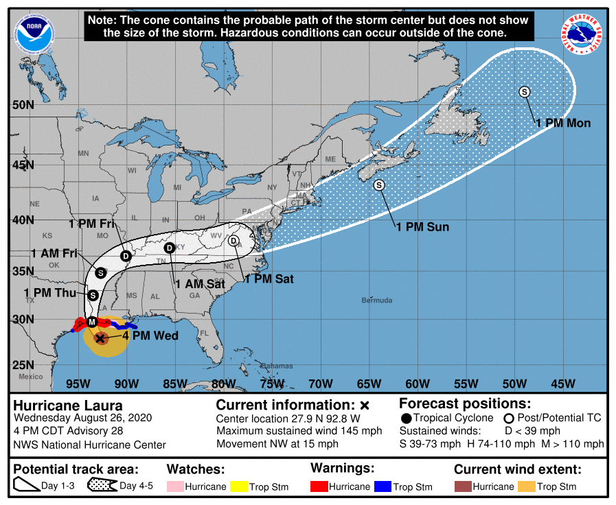 Hurricane Laura 4 PM Wed Cone